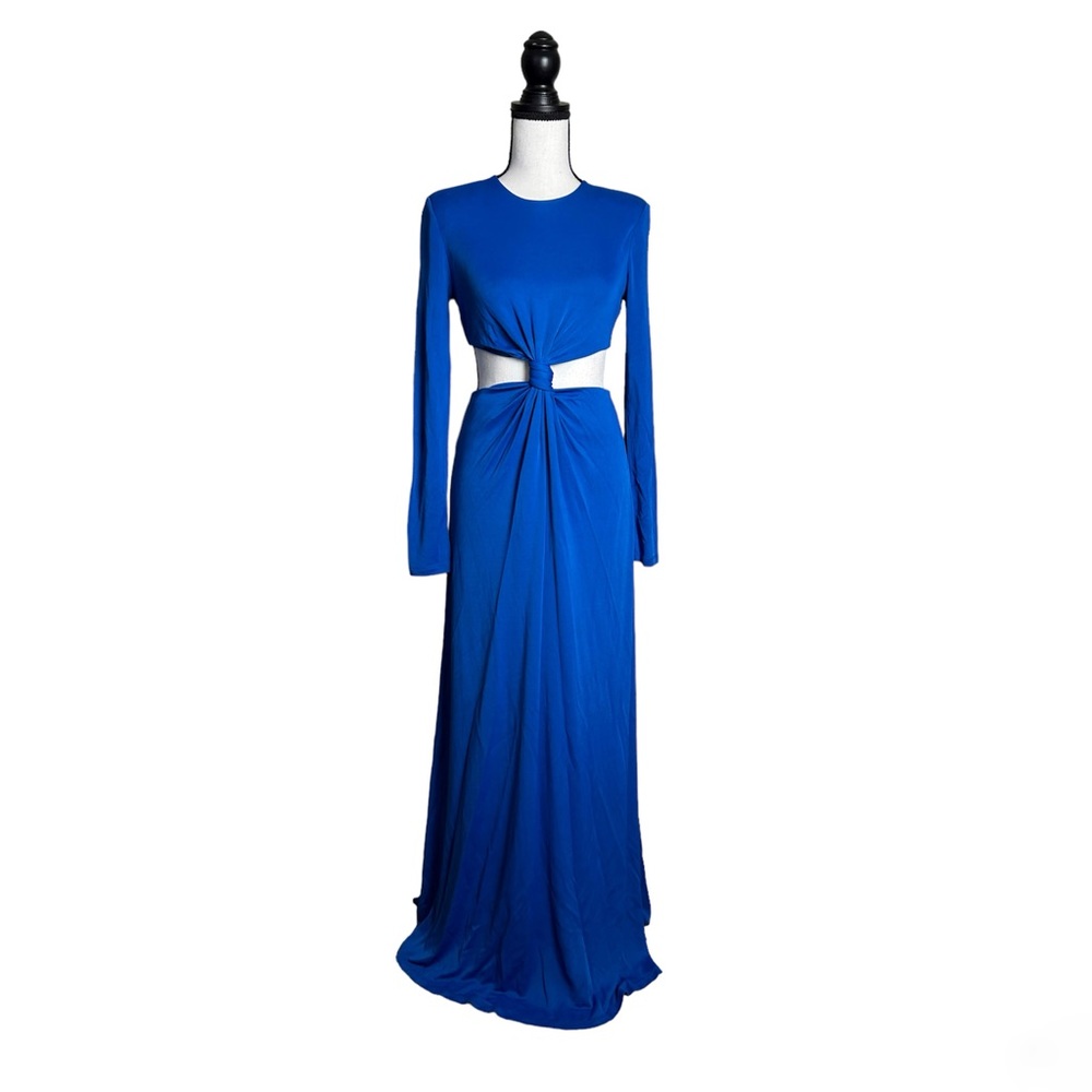 Farm Rio Knotted Cutout Long Sleeve Dress in Medium Blue